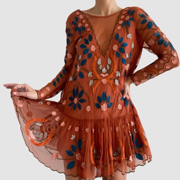 Free People | Tan bronze floral embroidered mini dress | Size S | NWT - Picture 4 of 8